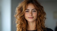 Young Caucasian woman with curly auburn hair smiling warmly at camera in modern indoor setting. Professional headshot for business marketing materials.