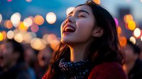 Young Asian woman laughing joyfully with colorful bokeh lights in background during evening twilight creating warm atmospheric mood for lifestyle content.