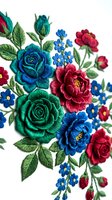 Embroidered floral arrangement featuring vibrant turquoise, emerald, and crimson roses with delicate blue forget-me-nots and green leaves on white background, isolated for textile and craft design use.