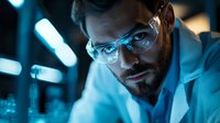 Caucasian male scientist in protective eyewear and lab coat working in dark laboratory with blue lighting, focused on research. Dramatic scientific environment.