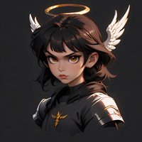 Young Asian female warrior character with golden halo and white wings, wearing black armor with gold emblem. Dark messy hair and amber eyes against dark background.