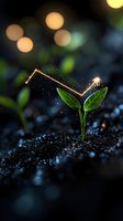 Young green sprout with glowing magical line and sparkles growing from soil against dark background with bokeh lights. Concept of growth and nature.