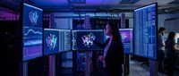 Cybersecurity analyst monitoring network threats on multiple screens in futuristic command center with blue digital displays and data visualization.