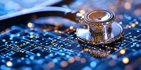 Medical stethoscope on circuit board with blue technology lighting, representing digital healthcare and electronic medical diagnostics advancement.