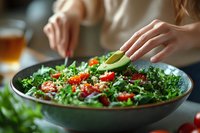 Fresh green salad with avocado, cherry tomatoes and sesame seeds in ceramic bowl. Woman adding ingredients to healthy vegetarian meal during lunch preparation.