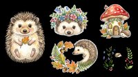 Cute hedgehog characters with floral crowns and mushroom house, isolated on transparent background. Ready for t-shirt designs, stickers, clipart, sublimation, print-on-demand products and digital crafts.