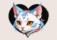 White cat face with blue and pink markings framed by black heart shape, featuring amber eyes and mystical fantasy styling. Artistic pet portrait design for decorative use.
