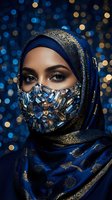Middle Eastern woman wearing ornate blue hijab with golden embroidery and crystal embellished face mask against sparkling bokeh background for luxury fashion.
