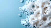 White soap foam with bubbles and suds on light blue background, macro photography showing detailed texture of cleaning product lather for hygiene and washing concepts.