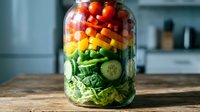 Fresh colorful salad in glass mason jar with layered vegetables including tomatoes, peppers and greens on wooden kitchen counter for meal prep.