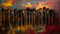 Row of used art paintbrushes on colorful abstract background with red, yellow and blue paint texture showing creative artistic workspace atmosphere.