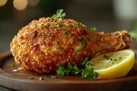Crispy golden-brown fried chicken leg garnished with fresh herbs and lemon slice on wooden serving board, close-up shot with selective focus and bokeh background.