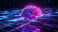 Digital brain visualization with glowing pink and blue neural networks floating above technological grid pattern in dark futuristic space. Concept for artificial intelligence.
