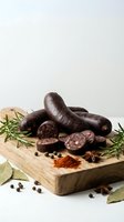 Dark blood sausage with herbs and spices on wooden cutting board. Traditional European cuisine ingredient for gourmet cooking and culinary preparations.