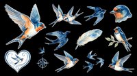 Watercolor birds in flight with swallows, feathers, and heart design isolated on transparent background. Ready for t-shirt designs, clipart, stickers, sublimation, and print-on-demand projects.