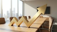 Golden arrow chart showing upward growth trend on modern conference table in bright office boardroom with city view for business success presentations.
