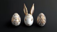 Elegant Easter composition with decorative white eggs featuring gold baroque patterns and stylized bunny face design on dark background. Minimalist holiday arrangement.