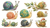 Decorative snails with ornate shells in various colors and patterns, isolated on white background, suitable for clipart, textile design, children's illustrations, and craft projects.