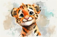 Adorable baby tiger cub portrait with big expressive eyes and sweet smile against watercolor background. Artistic children illustration style for nursery decor.
