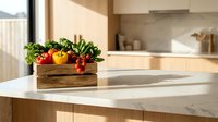 Fresh organic vegetables in rustic wooden crate on modern kitchen counter. Healthy cooking ingredients including tomatoes, peppers, herbs for meal preparation.
