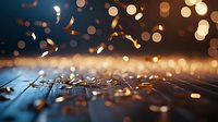 Glowing golden confetti scattered on dark wooden surface with magical bokeh lights in background creates festive atmosphere for celebration designs.