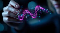 Glowing pink DNA helix structure with blue particles floating above female hands in dark background, representing genetic research and biotechnology advancement.