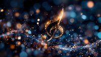 Glowing golden treble clef with magical sparkles and light trails on dark blue bokeh background creates mystical musical atmosphere for entertainment designs.