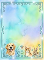 Watercolor frame with golden retriever, tabby cat, and rabbit on pastel gradient background. Ornate teal border with decorative scrolls and pet symbols. Isolated design ready for greeting cards, posters, and pet-related projects.