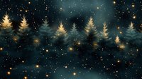 Magical winter forest scene with glowing pine trees against dark starry night sky, golden lights and sparkles creating festive holiday atmosphere.