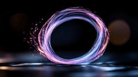 Glowing neon light trail forming circular shape with pink and blue colors against dark background with water reflection and bokeh effect creates futuristic atmosphere.