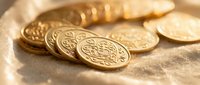 Stacked golden coins with ornate designs on sandy surface, representing wealth, savings, investment, and financial success for business concepts.