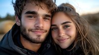 Young couple embracing outdoors during golden hour sunset with warm natural lighting and intimate romantic mood for lifestyle content.