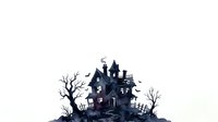 Haunted mansion with gothic architecture, bare twisted trees, and flying bats on isolated white background. Suitable for Halloween designs, clipart, and merchandise.