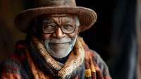 Elderly African American man with glasses and knit hat smiling warmly, wearing cozy winter scarf. Portrait of senior gentleman with joyful expression and wisdom.