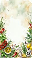 Watercolor culinary frame with fresh herbs, vegetables, olive oil and cooking utensils on textured background for recipe cards and food design projects.