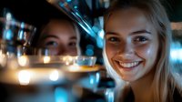 Young blonde woman smiling at bar counter with blurred bartender in background. Warm candlelight and blue ambient lighting create cozy evening atmosphere.