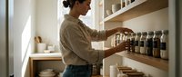 Young woman organizing glass jars with spices and ingredients on wooden kitchen shelves in modern minimalist pantry for meal preparation and cooking.
