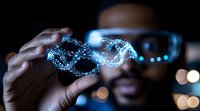 Scientist examining glowing DNA helix hologram in dark laboratory, innovative biotechnology research with futuristic visualization through smart glasses.