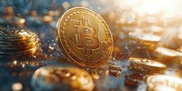Golden cryptocurrency coin with bitcoin symbol on blurred background with bokeh lights and water drops, macro view of digital money concept.