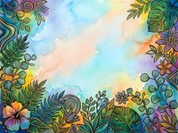 Tropical watercolor background with colorful botanical border of exotic leaves and flowers, featuring vibrant pastel sky center for text or design.