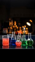 Laboratory glassware with colorful chemical solutions on dark background with warm bokeh lights for science research and experimentation concepts.