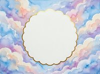 Watercolor pastel clouds frame with golden scalloped border on white background. Dreamy sky template for invitations, cards and creative projects.