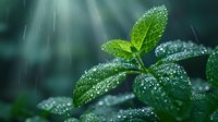 Fresh green leaves covered with pure raindrops against blurred natural background, perfect for environmental and wellness projects, capturing spring freshness and natural purity.