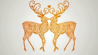 Symmetrical orange deer pair with ornate Celtic knot pattern design forming mirror reflection silhouettes against light neutral background. Decorative folk art style.