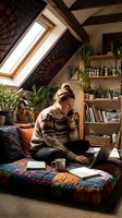 Young woman working from home in cozy attic room with laptop, wearing patterned sweater, surrounded by plants and books in bohemian interior space.