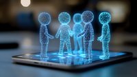 Holographic blue digital people figures standing on tablet screen representing virtual teamwork, business networking and online collaboration technology.