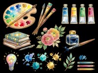 Artistic supplies collection with paint palette, brushes, tubes, ink bottle, books, flowers, lightbulb, watercolor splashes, and colored pencils isolated on transparent background. Ready for design use on t-shirts, clipart, stickers, and print-on-demand products.