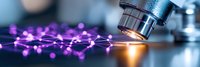 Microscope lens over glowing purple network visualization representing scientific research and technological advancement in laboratory setting.