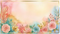 Watercolor floral border with roses, peonies, and botanical leaves in soft pink, coral, and blue tones on cream background for wedding invitations and greeting cards.