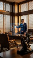 Professional businessman using holographic technology interface in luxury office with wooden blinds and warm lighting for corporate presentations.